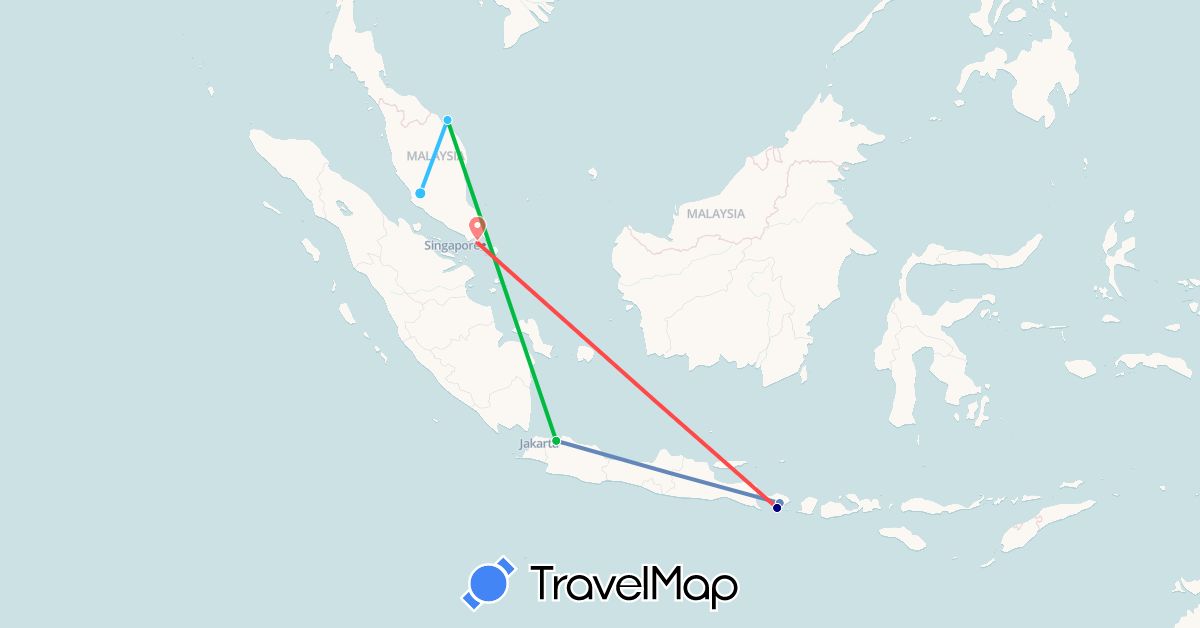 TravelMap itinerary: driving, bus, cycling, hiking, boat in Indonesia, Malaysia, Singapore (Asia)